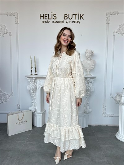 Bohem Stil Katlı Etek Detaylı Brode Fisto Elbise - Bej