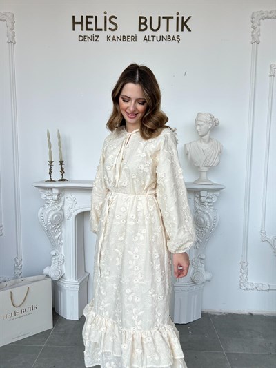 Bohem Stil Katlı Etek Detaylı Brode Fisto Elbise - Bej