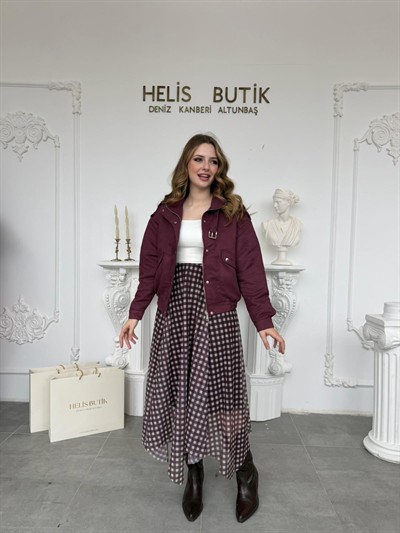 Bordo Dik Yakalı Fermuarlı Kısa Ceket