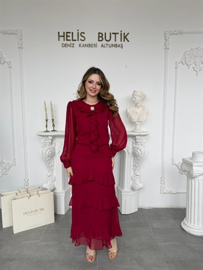 Broş ve Fırfır Detaylı Şifon Alt Üst Bordo Takım
