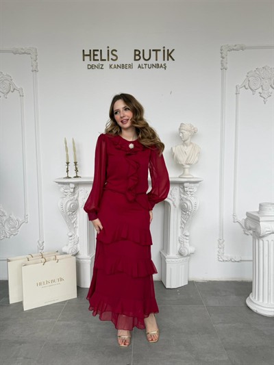 Broş ve Fırfır Detaylı Şifon Alt Üst Bordo Takım