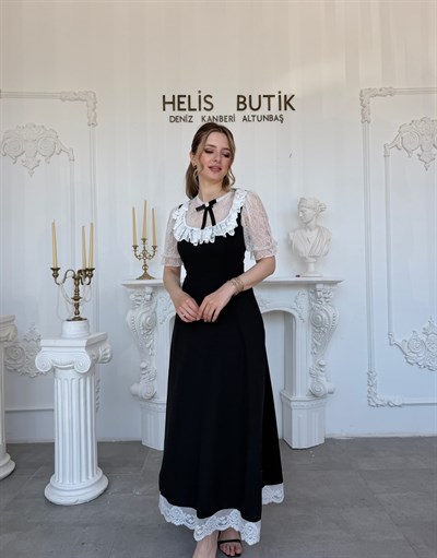 Broşlu ve Fiyonklu Vintage Tasarım Siyah Dantelli Elbise