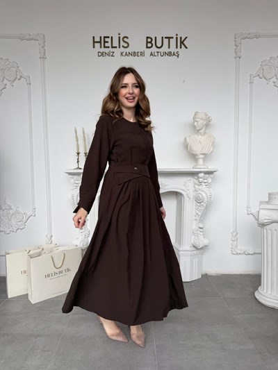 Çapraz Detay Belden Bağlamalı Gömlek Elbise - Kahve