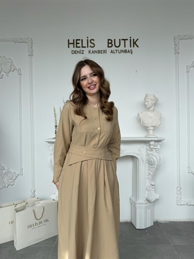 Çapraz Detay Belden Bağlamalı Gömlek Elbise - Vizon