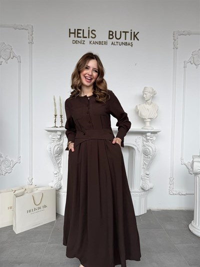 Çapraz Detay Belden Bağlamalı Gömlek Elbise - Kahve