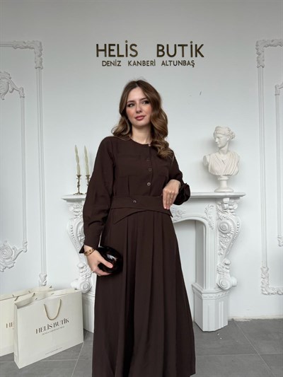 Çapraz Detay Belden Bağlamalı Gömlek Elbise - Kahve