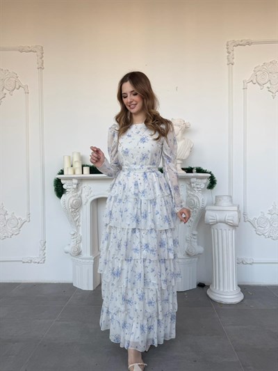 Çiçek Desenli Şifon Kat Kat Elbise - Mavi