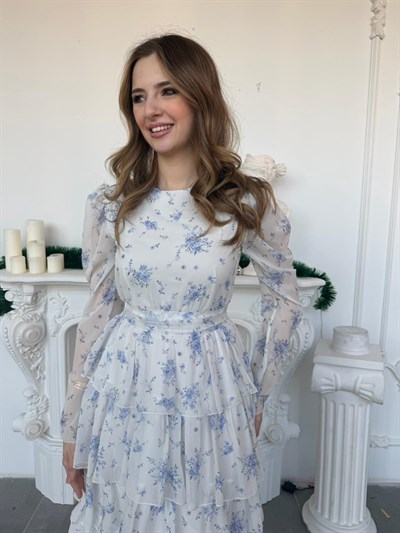 Çiçek Desenli Şifon Kat Kat Elbise - Mavi