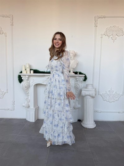 Çiçek Desenli Şifon Kat Kat Elbise - Mavi