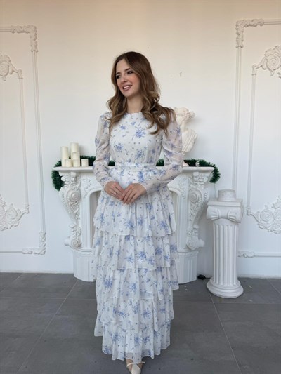 Çiçek Desenli Şifon Kat Kat Elbise - Mavi