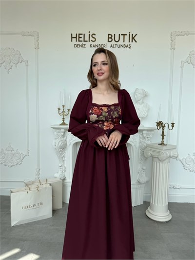 Çiçek Desenli Yandan Bağlamalı Vintage Tarz Uzun Kollu Elbise