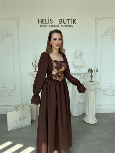 Çiçek Desenli Yandan Bağlamalı Vintage Tarz Uzun Kollu Elbise - Kahve