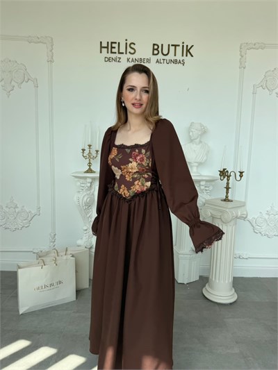 Çiçek Desenli Yandan Bağlamalı Vintage Tarz Uzun Kollu Elbise - Kahve