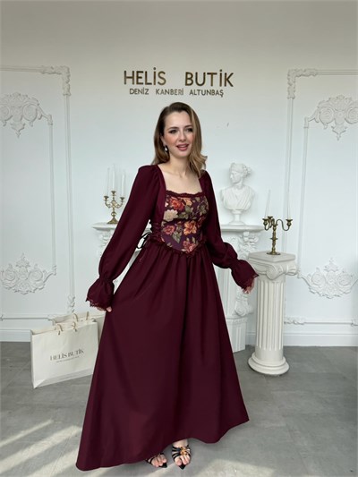 Çiçek Desenli Yandan Bağlamalı Vintage Tarz Uzun Kollu Elbise