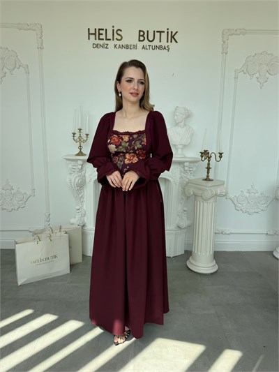 Çiçek Desenli Yandan Bağlamalı Vintage Tarz Uzun Kollu Elbise