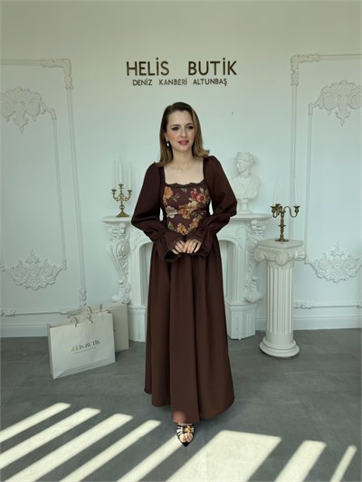 Çiçek Desenli Yandan Bağlamalı Vintage Tarz Uzun Kollu Elbise - Kahve