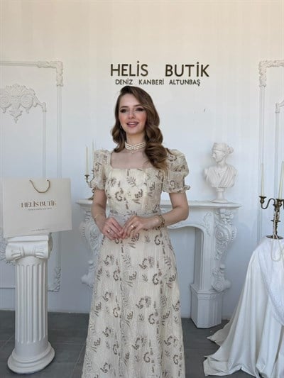 Çiçek Nakışlı Kare Yaka Balon Kol Elbise - Bej/Kahve