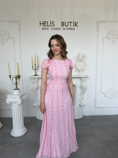 Çiçek Nakışlı Lale Kollu Maksi Boy Elbise - Pembe