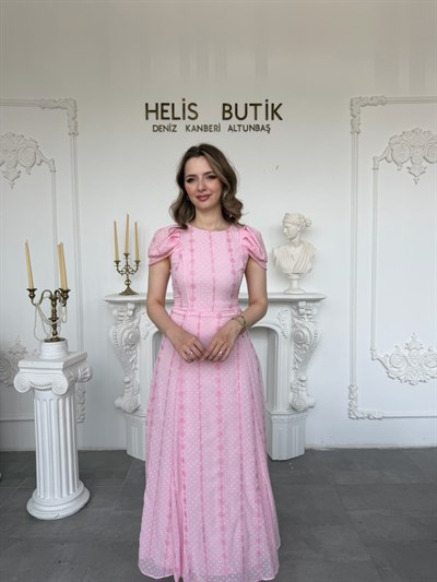Çiçek Nakışlı Lale Kollu Maksi Boy Elbise - Pembe