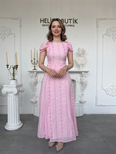 Çiçek Nakışlı Lale Kollu Maksi Boy Elbise - Pembe