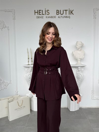 Çift Kemer Detaylı Gömlek ve Pantolon Takımı - Mürdüm