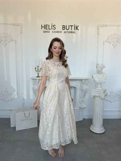 Çıkarılabilir Bolero Detaylı Güpür Dantel Elbise - Bej