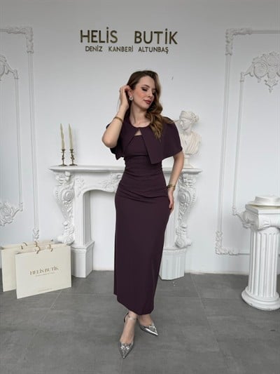 Çıkarılabilir Bolerolu Straplez Mürdüm Elbise Takımı