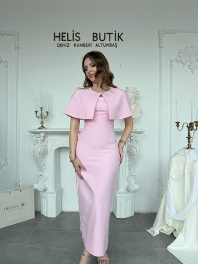 Çıkarılabilir Bolerolu Straplez Pembe Elbise Takımı