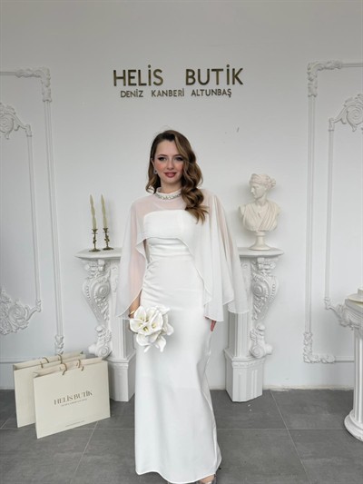 Çıkarılabilir Şal Detaylı Zarif Ekru Elbise