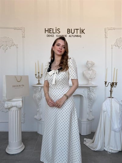 Dantel Yaka Detaylı Puantiyeli Retro Elbise - Ekru