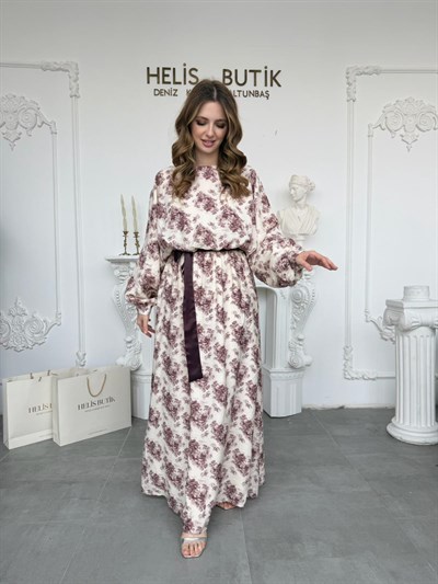 Desenli Büzgülü Bel Saten Kuşaklı Maxi Boy Elbise