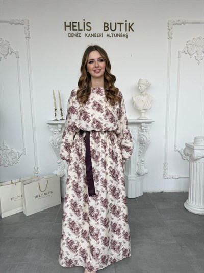 Desenli Büzgülü Bel Saten Kuşaklı Maxi Boy Elbise