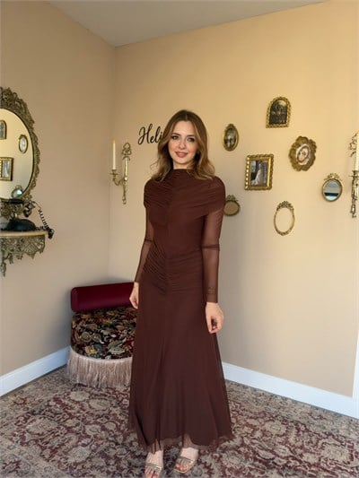Drape Detaylı Likralı Elbise - Kahve
