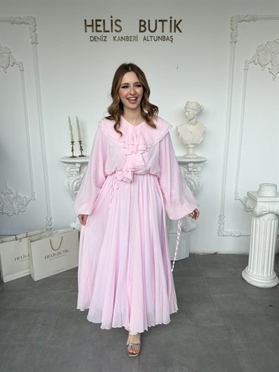 Fırfır Detaylı Pembe Maxi Boy Elbise