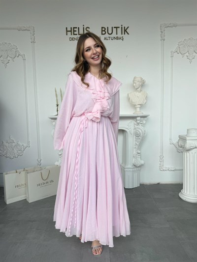 Fırfır Detaylı Pembe Maxi Boy Elbise