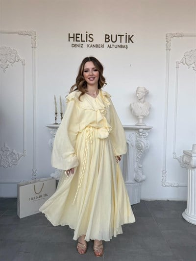 Fırfır Detaylı Sarı Maxi Boy Elbise