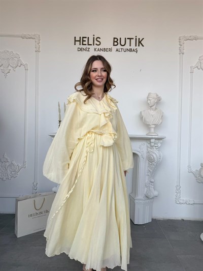 Fırfır Detaylı Sarı Maxi Boy Elbise