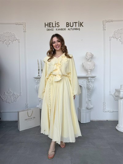 Fırfır Detaylı Sarı Maxi Boy Elbise