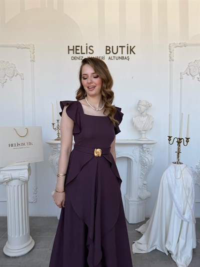 Fırfır Kollu Katlı Etek Detaylı Elbise - Mürdüm