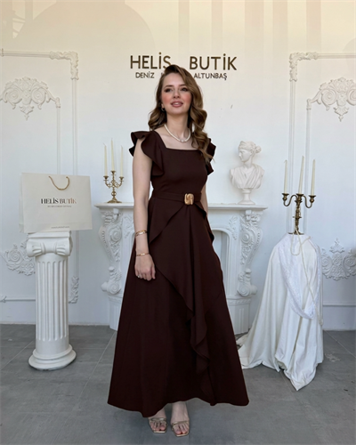 Fırfır Kollu Katlı Etek Detaylı Elbise - Kahve