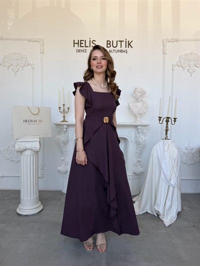 Fırfır Kollu Katlı Etek Detaylı Elbise - Mürdüm