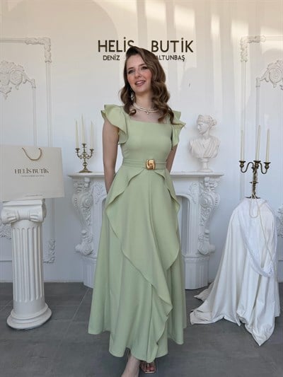 Fırfır Kollu Katlı Etek Detaylı Elbise - Yeşil