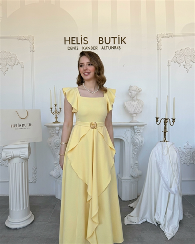 Fırfır Kollu Katlı Etek Detaylı Elbise - Sarı