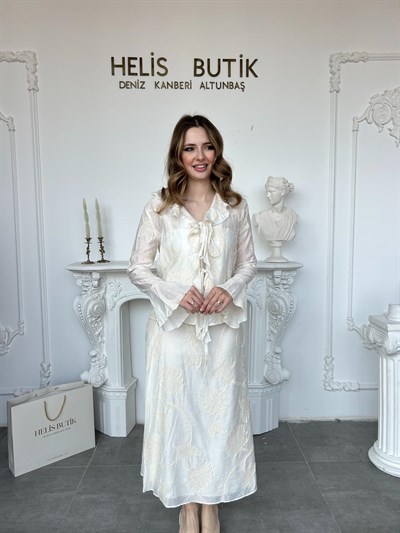 Floral Nakışlı Uzun Etek Bluz Seti - Bej