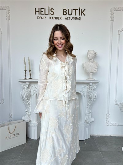 Floral Nakışlı Uzun Etek Bluz Seti - Bej