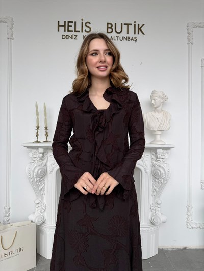 Floral Nakışlı Uzun Etek Bluz Seti - Kahve