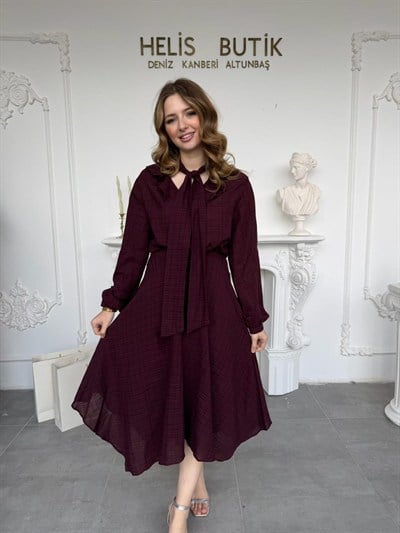 Fular Detaylı Ekose Etek Bluz Takım - Mürdüm