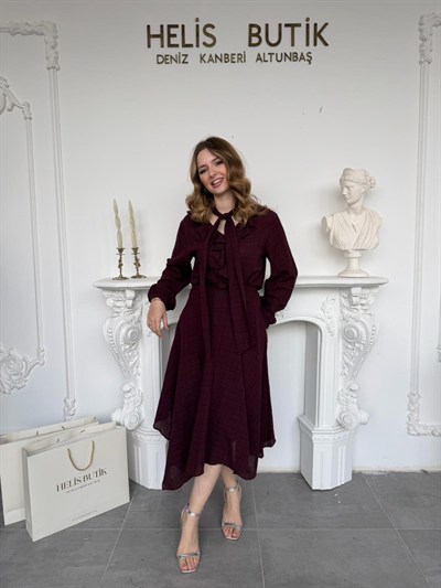 Fular Detaylı Ekose Etek Bluz Takım - Mürdüm