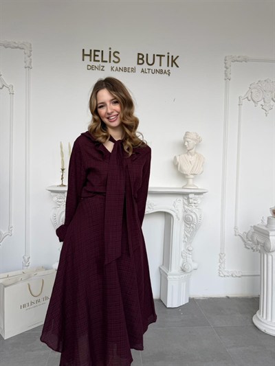 Fular Detaylı Ekose Etek Bluz Takım - Mürdüm