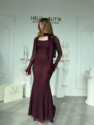 Fular Detaylı Kare Yaka Balık Kesim Dantel Elbise - Mürdüm